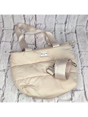 Wilo The Label Beige Quilted Puffer Tote Bag w/ Adjustable Strap Zipper Closure